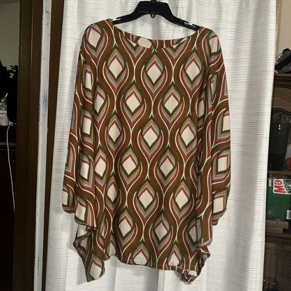 Bryn Walker Woven Mod Geo Print Top Sz L Dolman Sleeve Coordinating Tunic